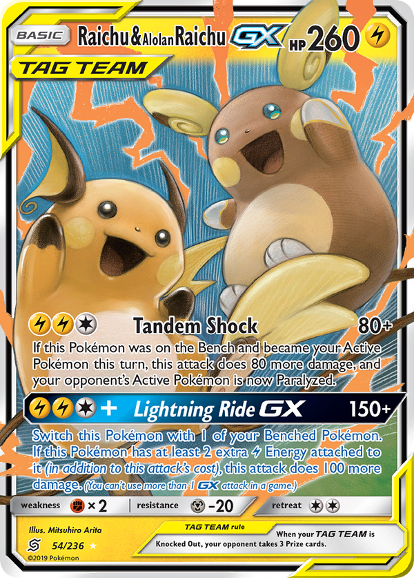 A Pokémon trading card featuring illustrations of Raichu and Alolan Raichu with a lightning bolt symbol indicating its lightning-type attribute. The card includes text detailing the Pokémon's stats and abilities.