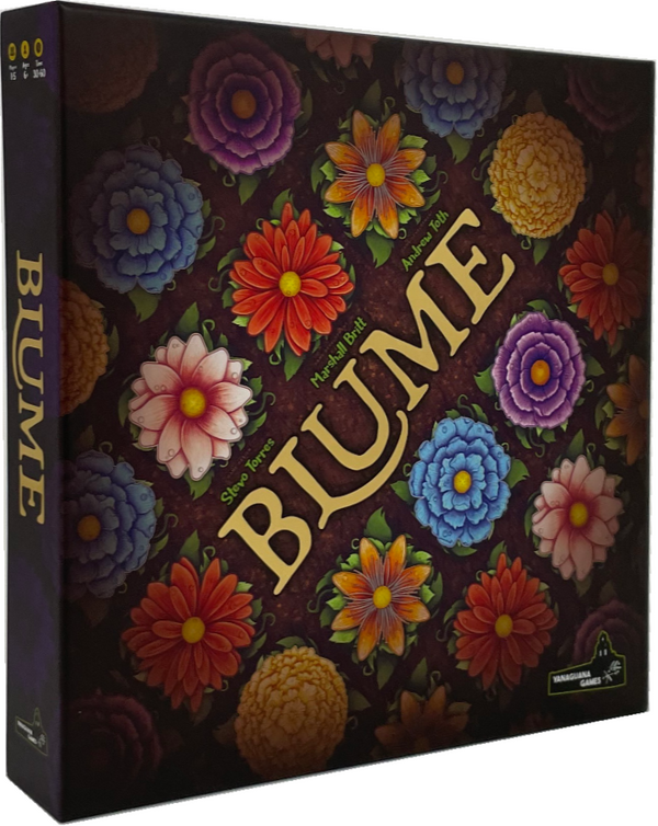 Board game box with colorful floral design and 'Blume' branding