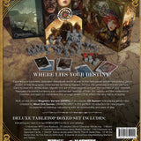 Back view of a tabletop game box with character figures and game components on a map background