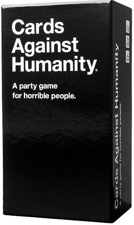 Black box of 'Cards Against Humanity' game with white text.