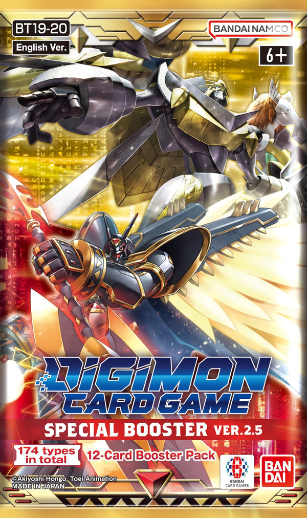 Digimon card game booster pack with robot dinosaur design on a gold and red background