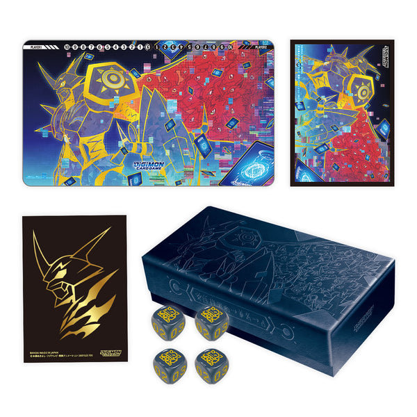 Collection of board game components including a box, dice, and artwork with a stylized dragon design.