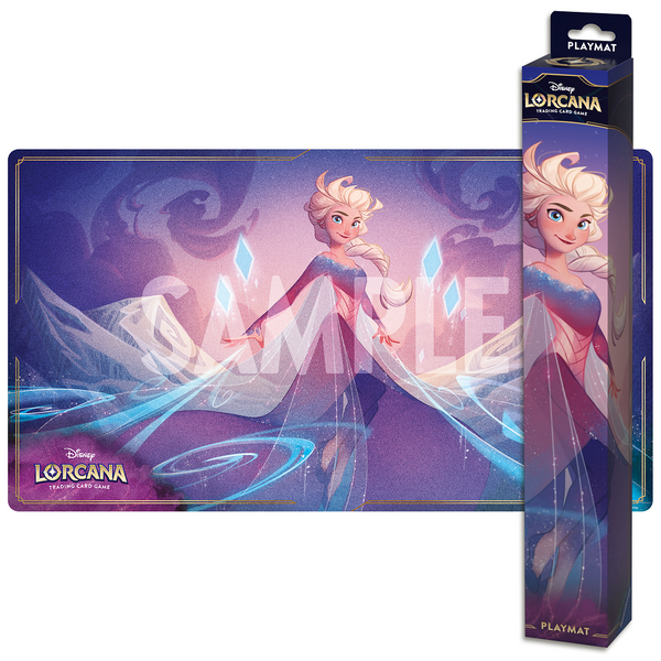 Playmat and packaging featuring a character from Disney Lorcana on a white background