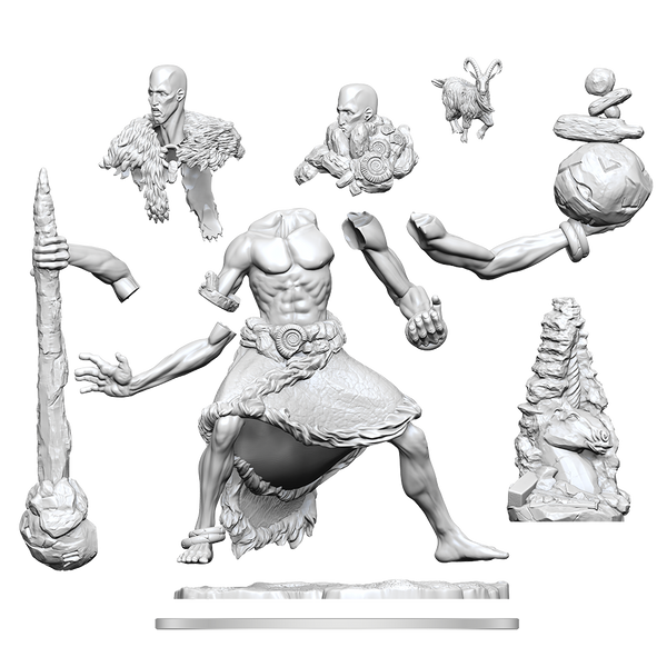Unfinished sculpture of a warrior with various parts on a white background