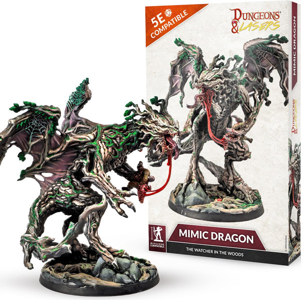 Mimic dragon figurine with packaging for Dungeons & Dragons on a white background