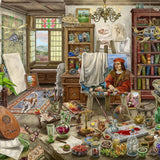 Detailed interior scene of a Renaissance-era artist's studio with books, tools, and artworks.