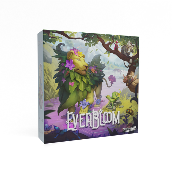 Board game box for 'Ever Bloom' with a colorful illustration of a creature in a forest setting.