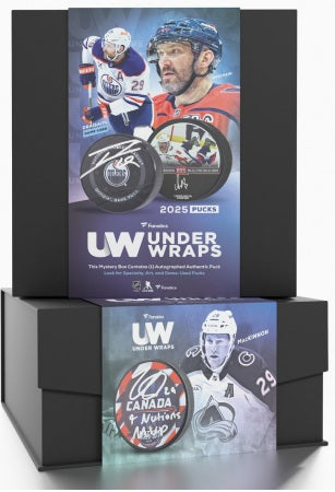 Hockey trading card packaging with player images and 'UW Under Wraps' branding.