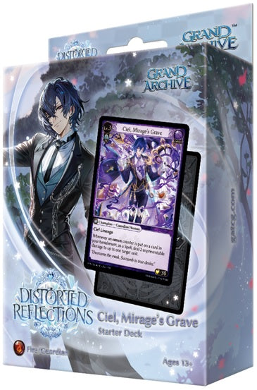 Card game packaging for 'Distorted Reflections' with character illustration and card display.