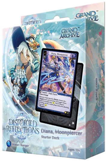 Card game packaging with character Diana Moonpiercer illustration and card display for Grand Archive