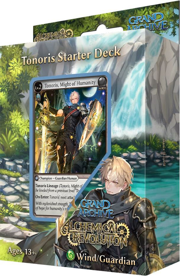 Card game packaging for 'Tonoris Starter Deck' with character illustration and scenic background for Grand Archive
