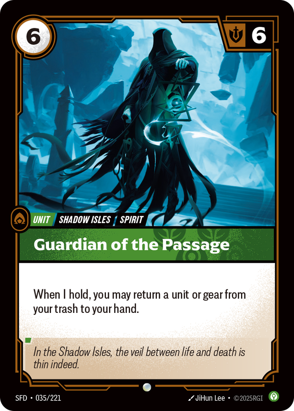 Riftbound Unit: Guardian of the Passage. When I hold, you may return a unit or gear from your trash to your hand.