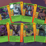 Collection of fantasy game cards with various characters on a purple background