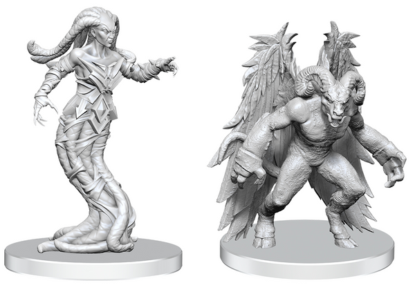 Two fantasy figurines on white bases, one humanoid and one creature-like, against a white background.