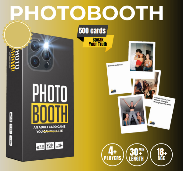 Photo booth card game packaging with cards and images on a yellow background