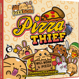 Board game box for 'Pizza Thief' with cartoon characters and pizza graphics.