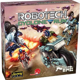 Robotech Cyclone Run game box with action figures and robot design on a pink background