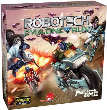 Robotech Cyclone Run game box with action figures and robot design on a pink background