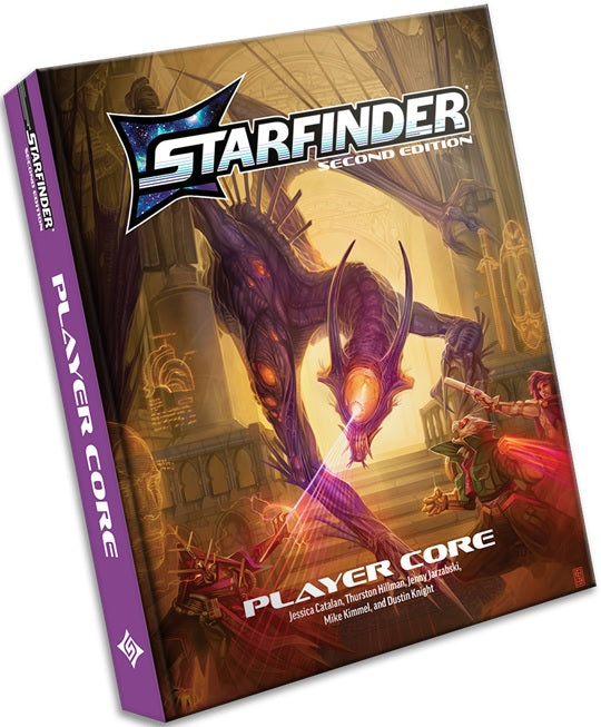 Starfinder Player Core book cover with a dragon and characters on a white background