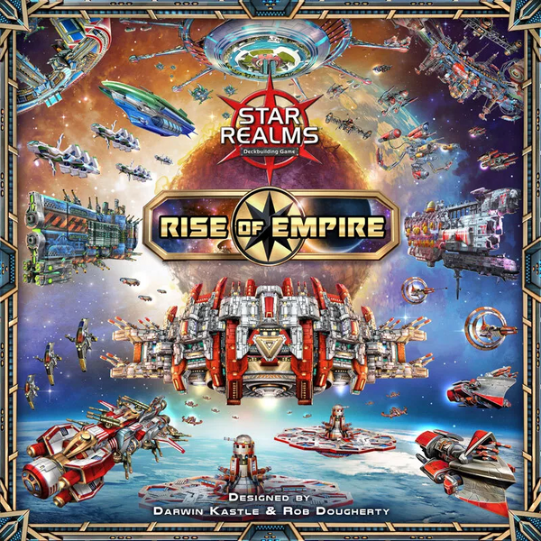 Board game cover for 'Star Realms: Rise of Empire' with space-themed artwork and text.