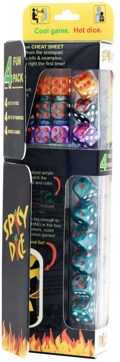Spicy Dice packaging with dice inside, showing a variety of colors and patterns.