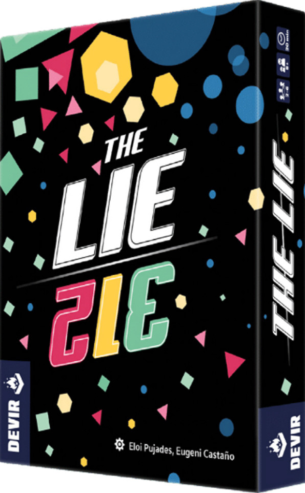 Board game box for 'The Lie' with colorful geometric shapes on a black background