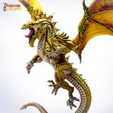Gold dragon figurine with a sword on a white background, featuring the 'Dungeons & Dragons' logo.