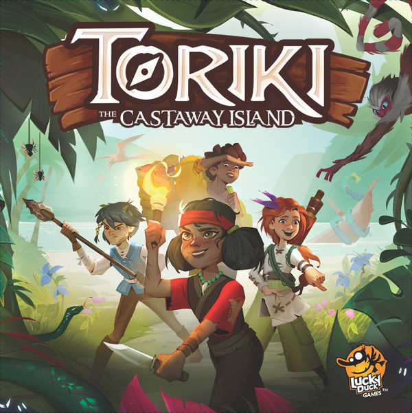 Board game cover for 'Toriki: The Castaway Island' with characters in a jungle setting.