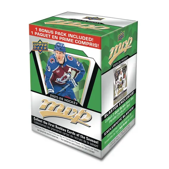 Hockey trading card pack with player image and MVP branding on a white background