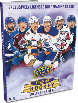 Upper Deck 2025-26 NHL Hockey trading card packaging with players from different teams.