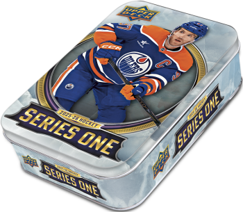 Hockey trading card series tin with player image and text
