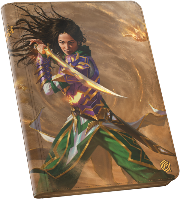 Product packaging with an illustration of a warrior holding a sword on a brown background