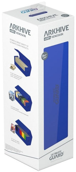 Box of Arkhive Ultimate Guard card protectors with blue packaging