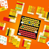 Collection of colorful game cards and a central board on an orange background