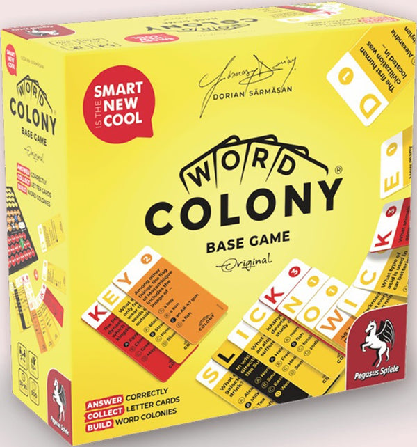 Box of Word Colony board game with yellow background and card images.