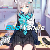 Anime character with cat ears sitting at a desk with 'Blue Archive' branding.