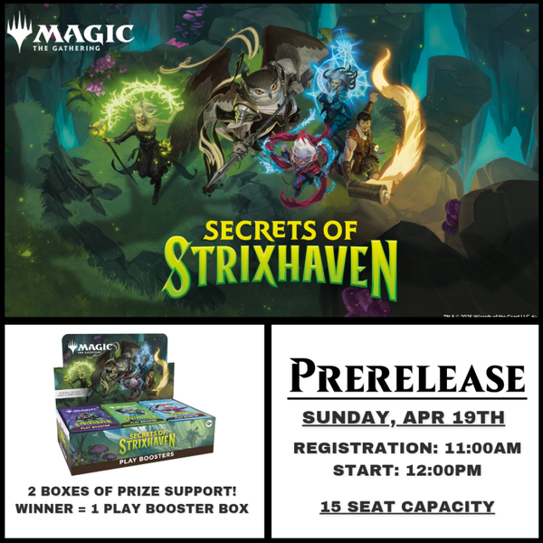 Promotional image for 'Secrets of Strixhaven' with game characters and prerelease event details.