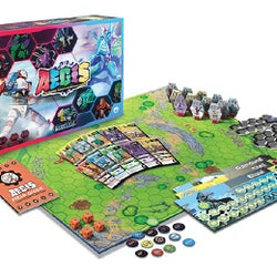 Board game set with colorful tiles and pieces on a white background