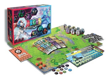 Board game set with colorful tiles and pieces on a white background