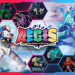 Board game cover for 'Aegis: Combining Robot Strategy Game' with robot illustrations and colorful design.