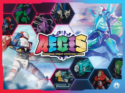 Board game cover for 'Aegis: Combining Robot Strategy Game' with robot illustrations and colorful design.