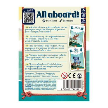Card game packaging for 'All Aboard!' with colorful illustrations and text on a white background