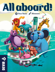 game cover of 'All Aboard!' featuring colorful animal characters on a boat with a blue sky and clouds in the background.
