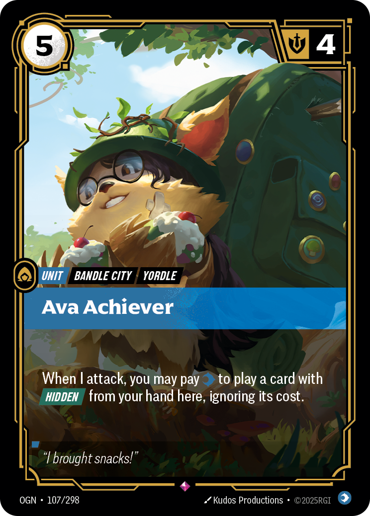 Riftbound Unit: Ava Achiever. When I attack, you may pay [C] to play a card with [Hidden] from your hand, ignoring its cost. If it’s a unit, play it here.