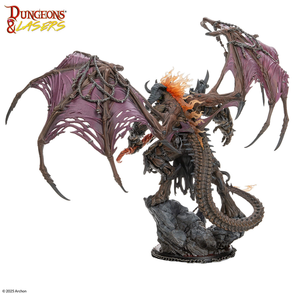 Dragon figurine with purple wings and orange flames on a white background, featuring the Dungeons & Dragons logo.