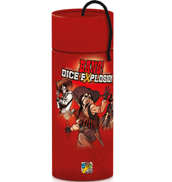 Red cylindrical container with 'Bang! Dice Explosion' design on a white background