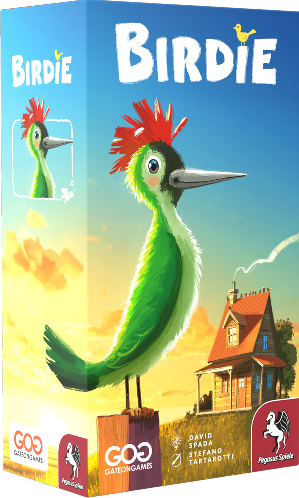 Board game box for 'Birdie' with a colorful illustration of a bird and house on a blue background.
