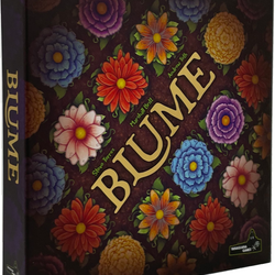 Board game box with colorful floral design and 'Blume' branding