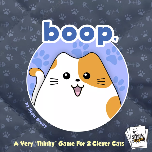 Cover of a children's book titled 'boop.' with a cartoon cat illustration on a patterned background.