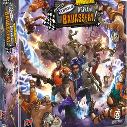 Board game box for 'Mister Toads: Borderlands Arena of Badassery' with colorful characters and graphics.